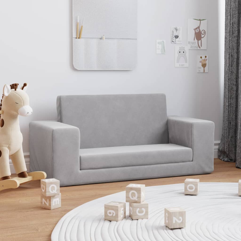 vidaXL 2-os. sofa dla dzieci, rozkładana, jasnoszara, miękki plusz