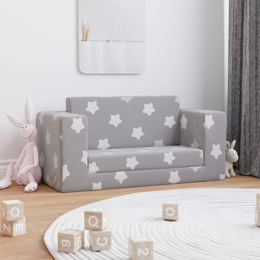 vidaXL 2-os. sofa dla dzieci, rozkładana, szara w gwiazdki, plusz