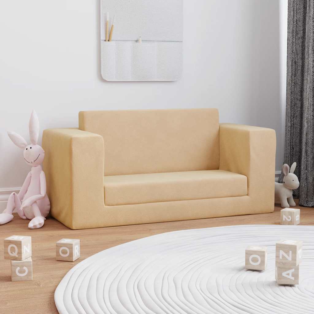 vidaXL 2-os. sofa dla dzieci, rozkładana, kremowa, miękki plusz