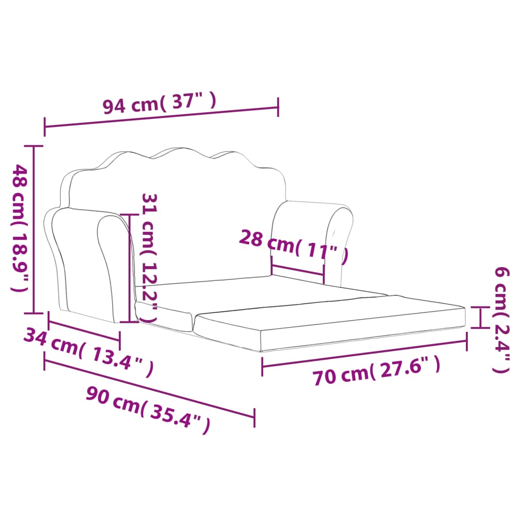 vidaXL 2-os. sofa dla dzieci, rozkładana, jasnoszara, miękki plusz