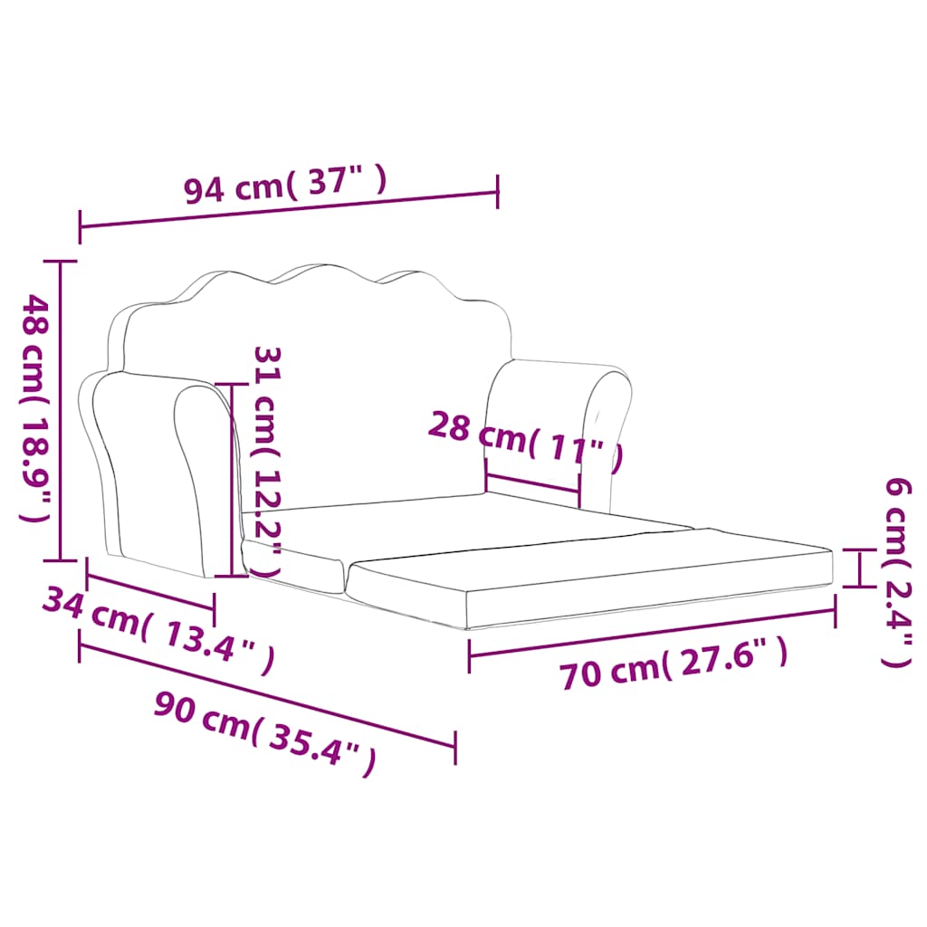 vidaXL 2-os. sofa dla dzieci, rozkładana, kremowa, miękki plusz