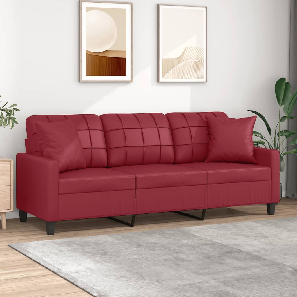 vidaXL 3-os. sofa z poduszkami, winna czerwień, 180 cm, sztuczna skóra