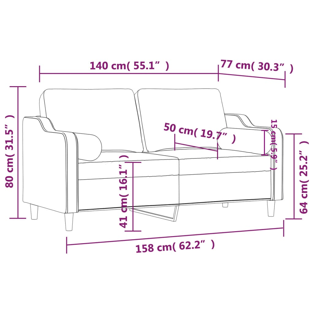 vidaXL 2-osobowa sofa z poduszkami, winna czerwień, 140 cm, tkanina