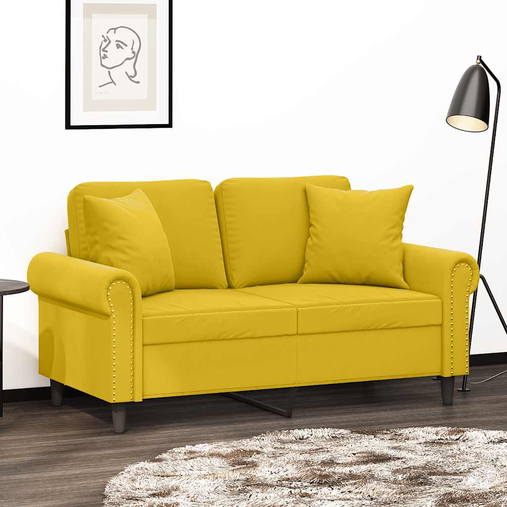 vidaXL 2-osobowa sofa z poduszkami, żółta, 120 cm, aksamit