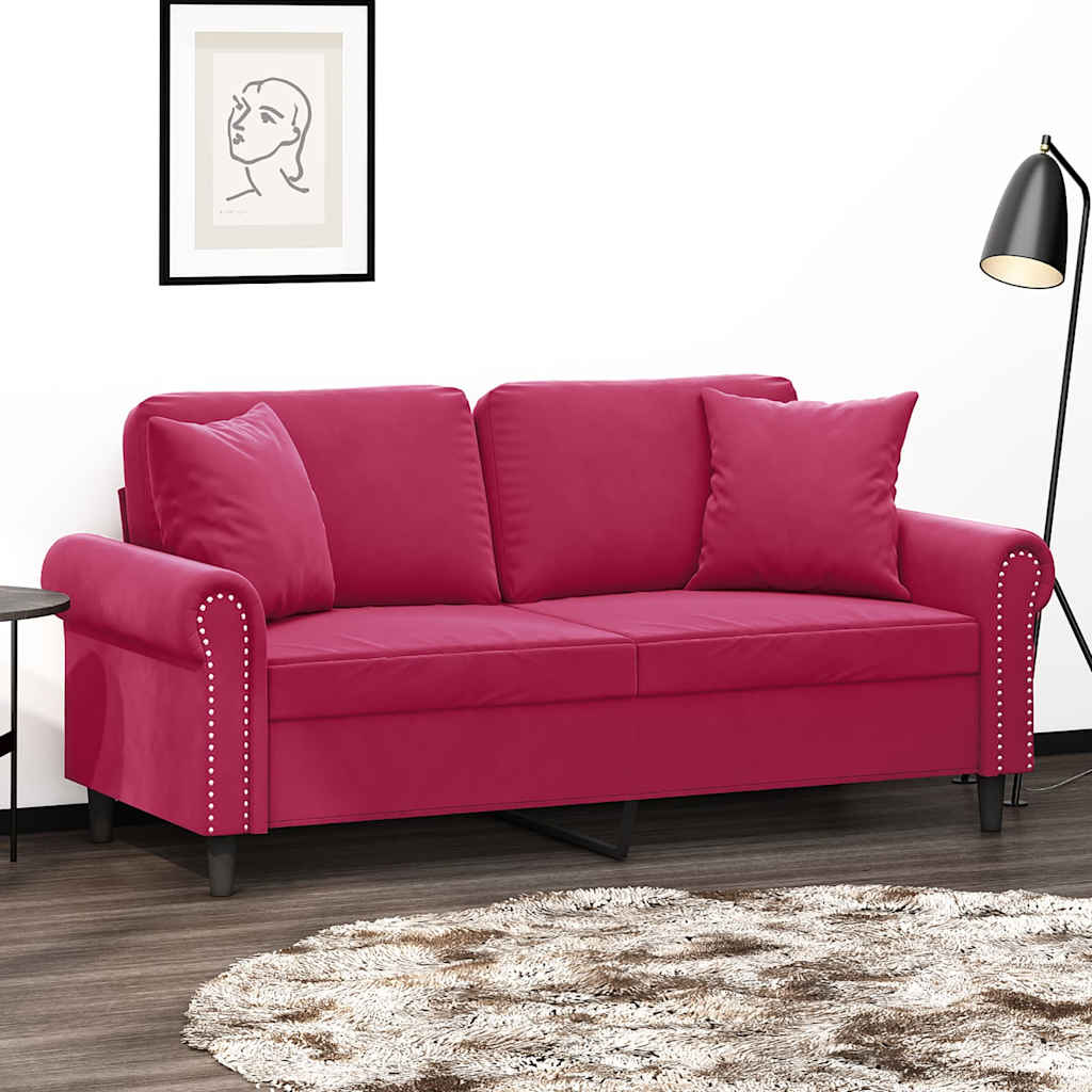 vidaXL 2-osobowa sofa z poduszkami, winna czerwień, 140 cm, aksamit