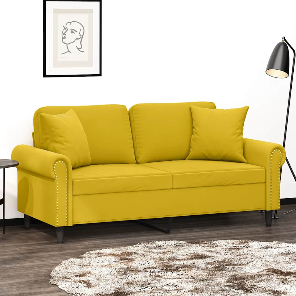 vidaXL 2-osobowa sofa z poduszkami, żółta, 140 cm, aksamit