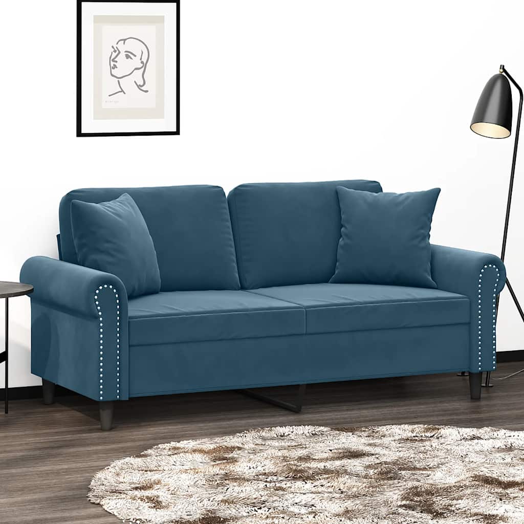 vidaXL 2-osobowa sofa z poduszkami, niebieska, 140 cm, aksamit