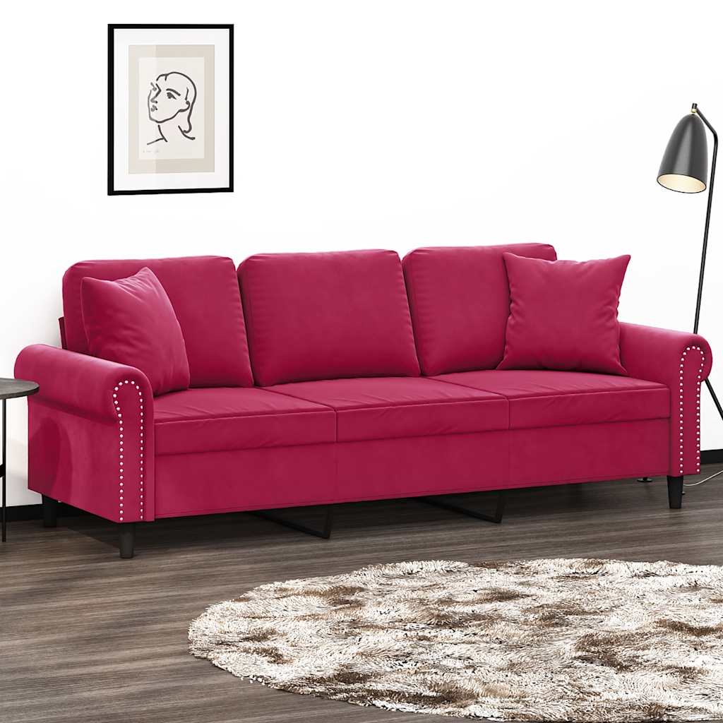 vidaXL 3-osobowa sofa z poduszkami, winna czerwień, 180 cm, aksamit