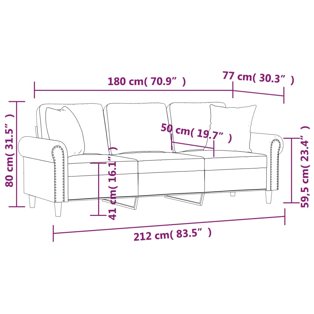 vidaXL 3-osobowa sofa z poduszkami, kremowa, 180 cm, aksamit