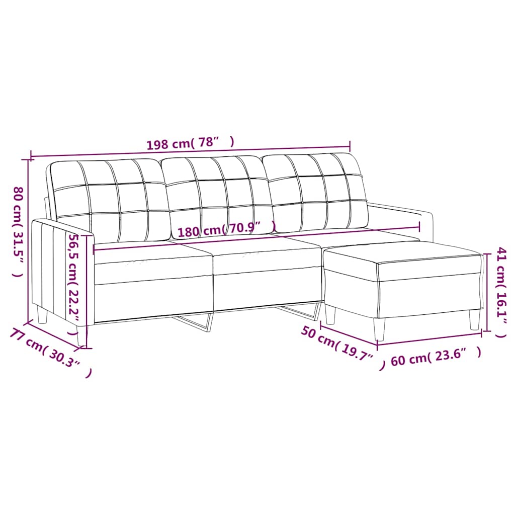 vidaXL 3-osobowa sofa z podnóżkiem, czarna, 180 cm, tkaniną