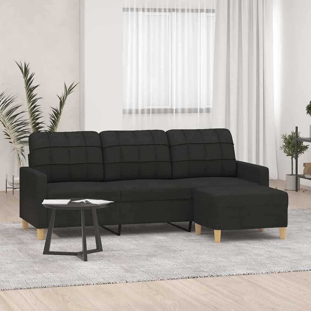 vidaXL 3-osobowa sofa z podnóżkiem, czarna, 180 cm, tkaniną