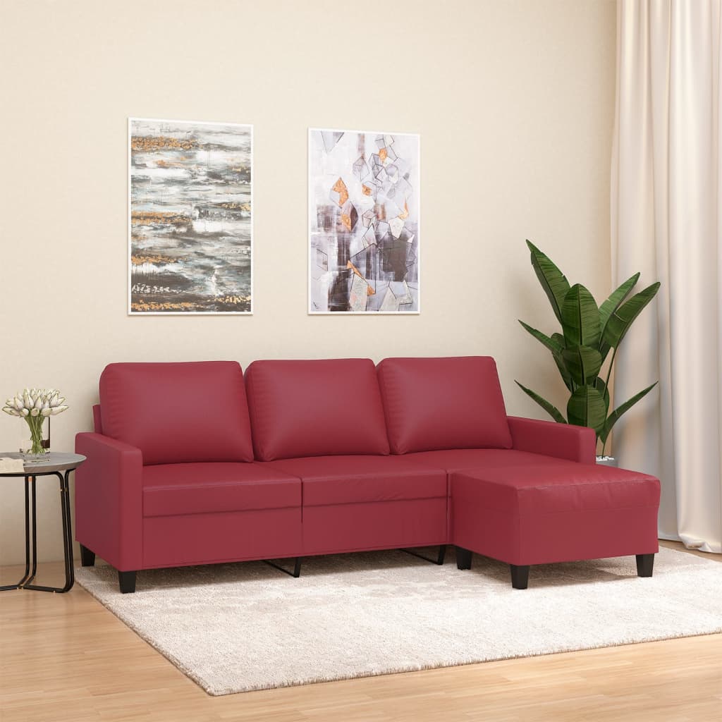 vidaXL 3-osobowa sofa z podnóżkiem, winna czerwień, 180 cm, ekoskóra