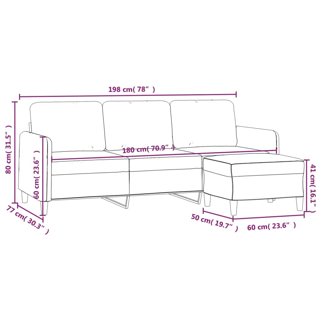 vidaXL 3-osobowa sofa z podnóżkiem, jasnoszara, 180 cm, aksamit