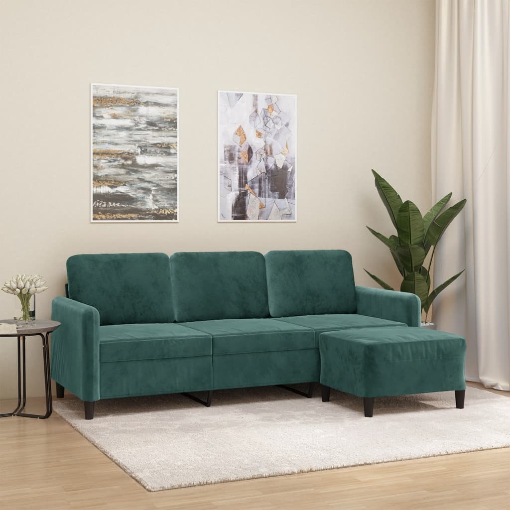 vidaXL 3-osobowa sofa z podnóżkiem, ciemnozielony, 180 cm, aksamit
