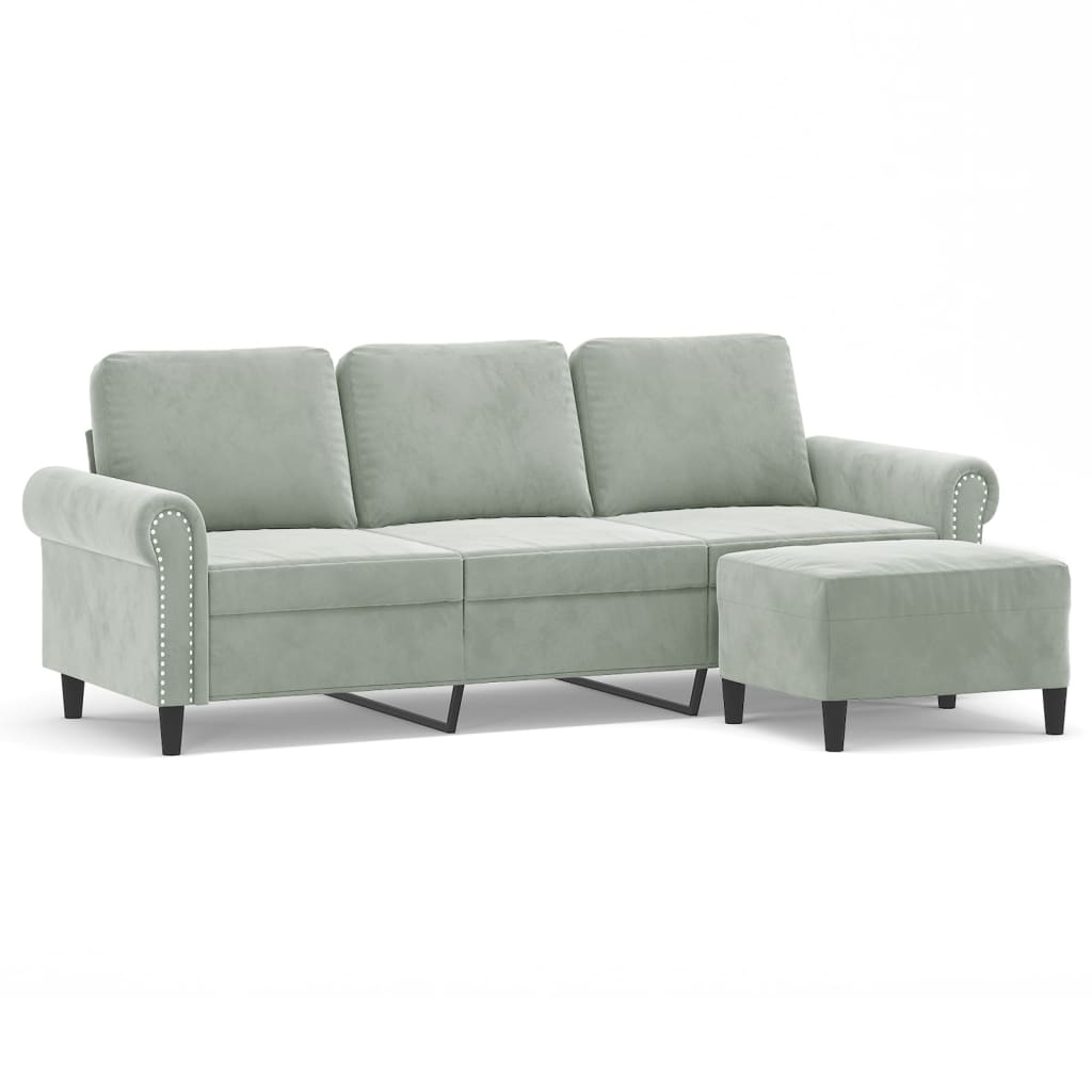 vidaXL 3-osobowa sofa z podnóżkiem, jasnoszara, 180 cm, aksamit