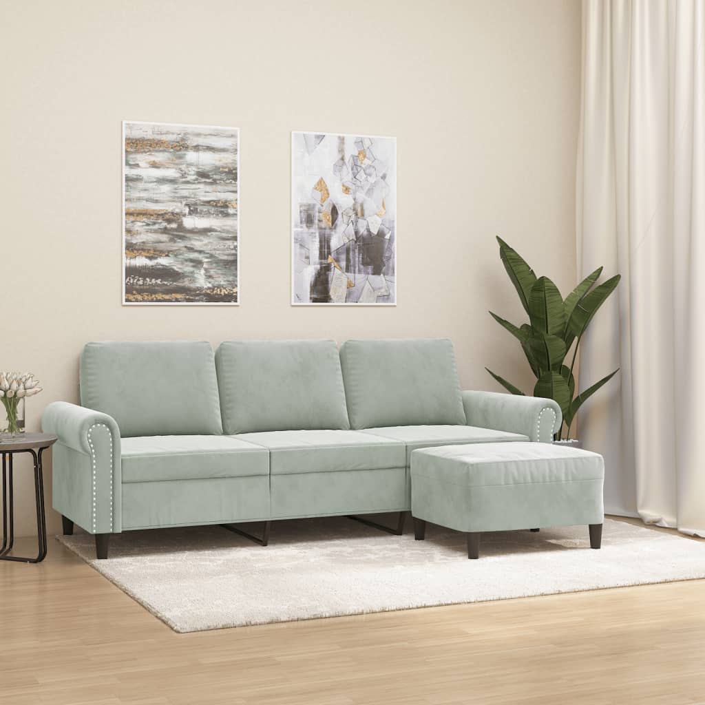 vidaXL 3-osobowa sofa z podnóżkiem, jasnoszara, 180 cm, aksamit