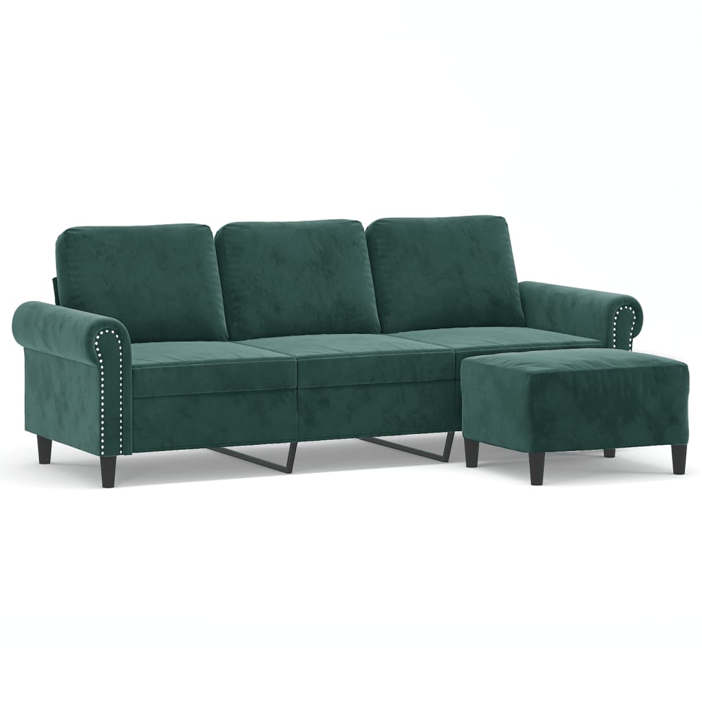 vidaXL 3-osobowa sofa z podnóżkiem, ciemnozielony, 180 cm, aksamit
