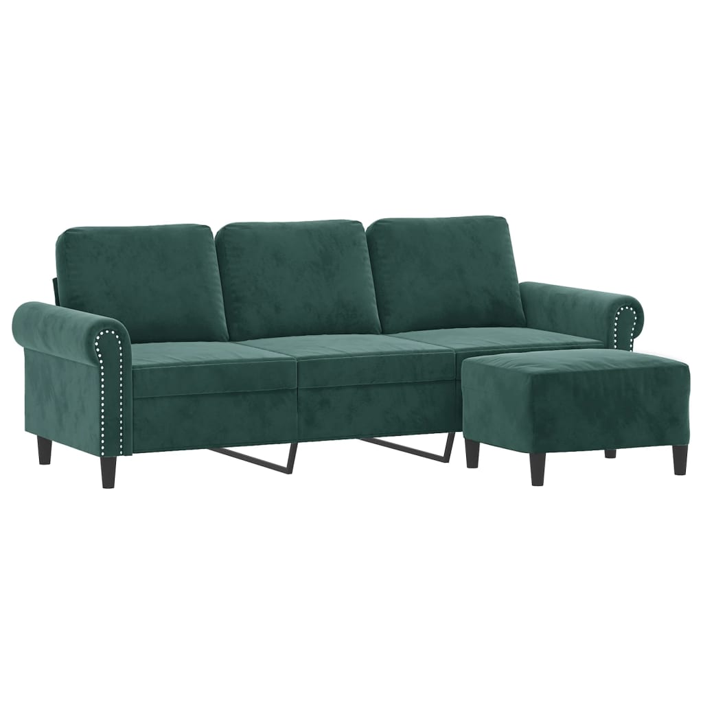 vidaXL 3-osobowa sofa z podnóżkiem, ciemnozielony, 180 cm, aksamit