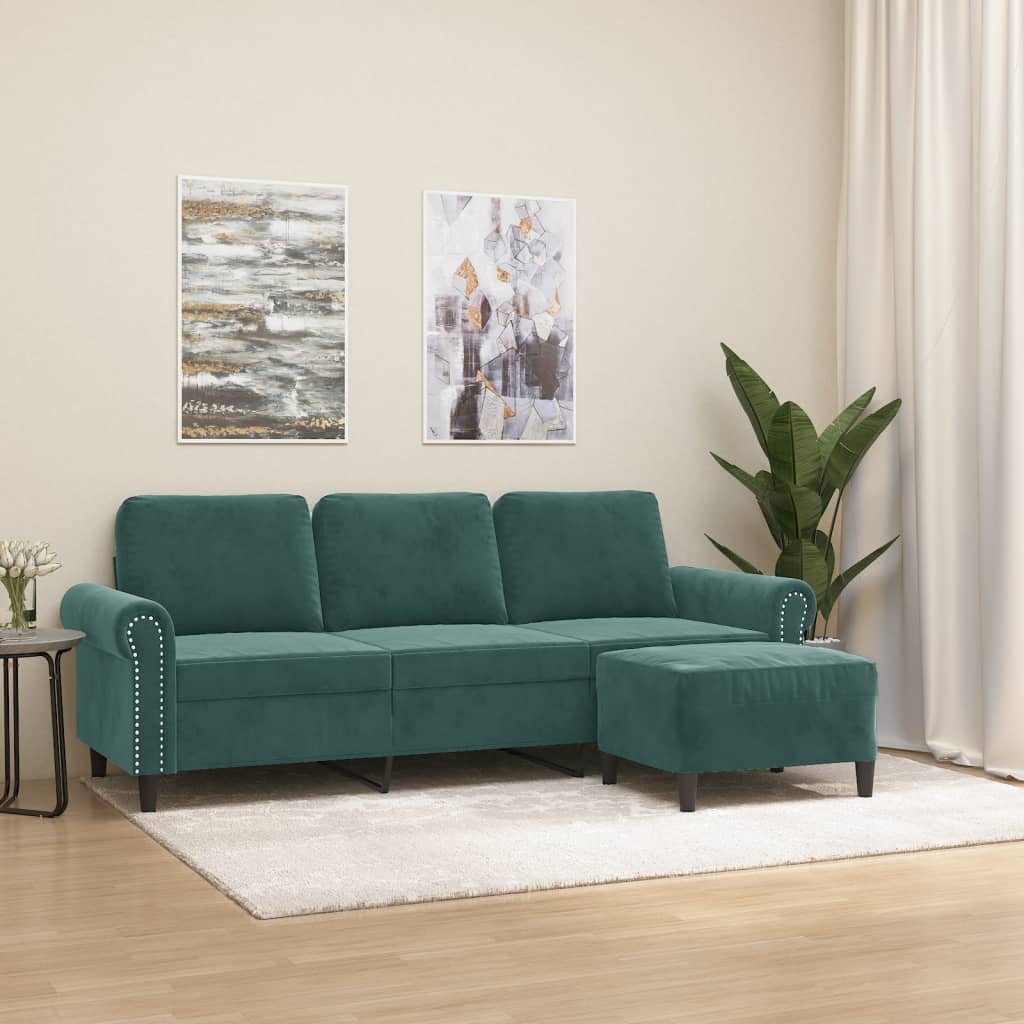 vidaXL 3-osobowa sofa z podnóżkiem, ciemnozielony, 180 cm, aksamit