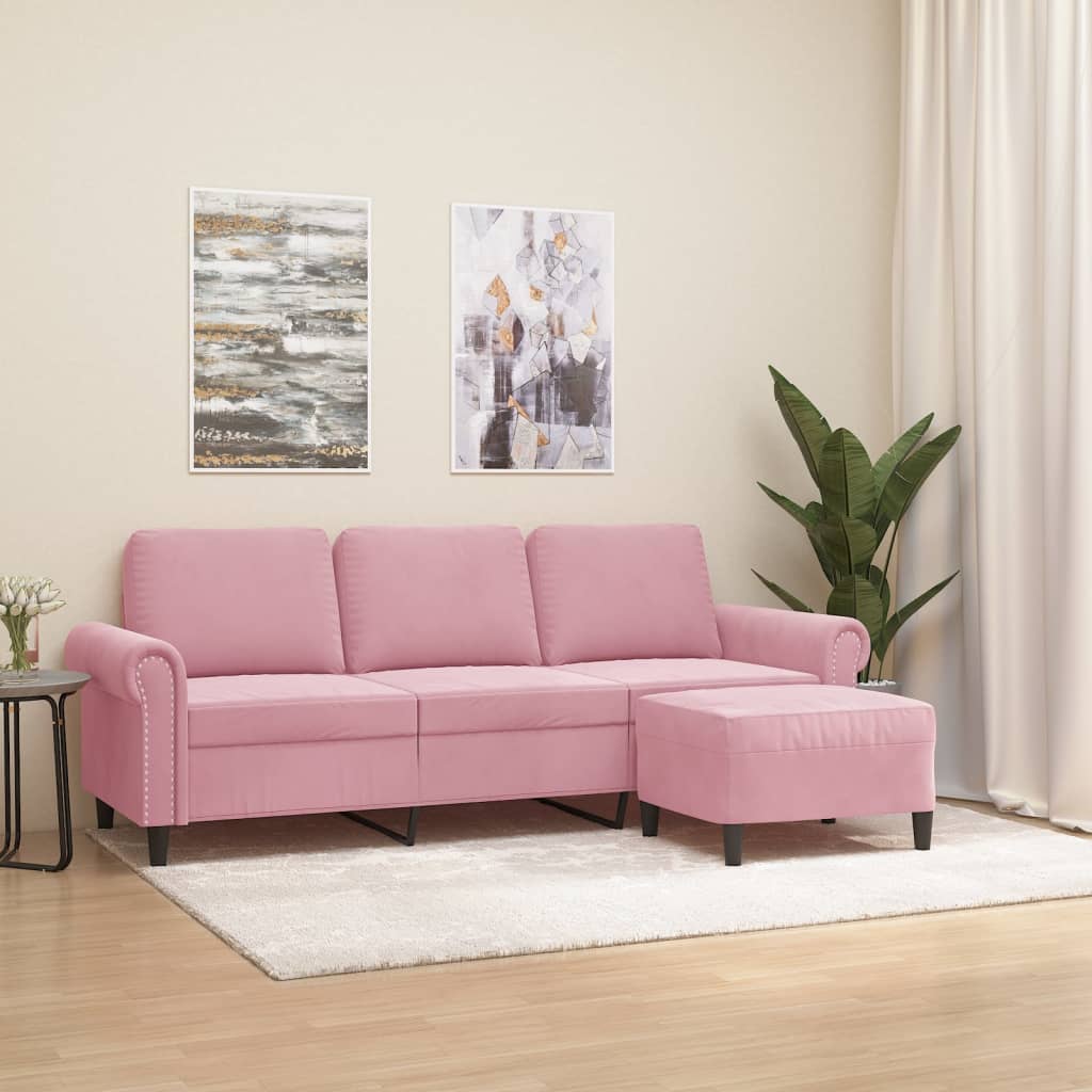 vidaXL 3-osobowa sofa z podnóżkiem, różowa, 180 cm, aksamitem