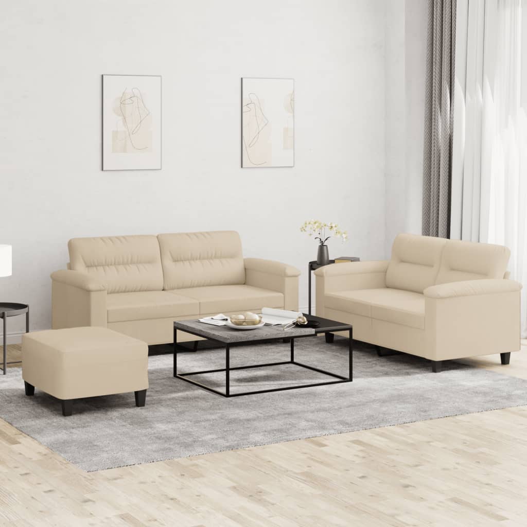 vidaXL 3-cz. komplet wypoczynkowy z poduszkami, kremowy, mikrofibra