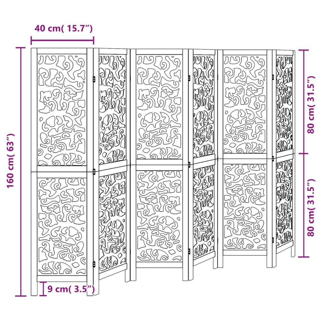vidaXL Parawan pokojowy, 6-panelowy, czarny, lite drewno paulowni