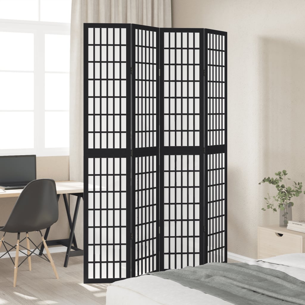 vidaXL Parawan pokojowy, 4-panelowy, czarny, lite drewno paulowni