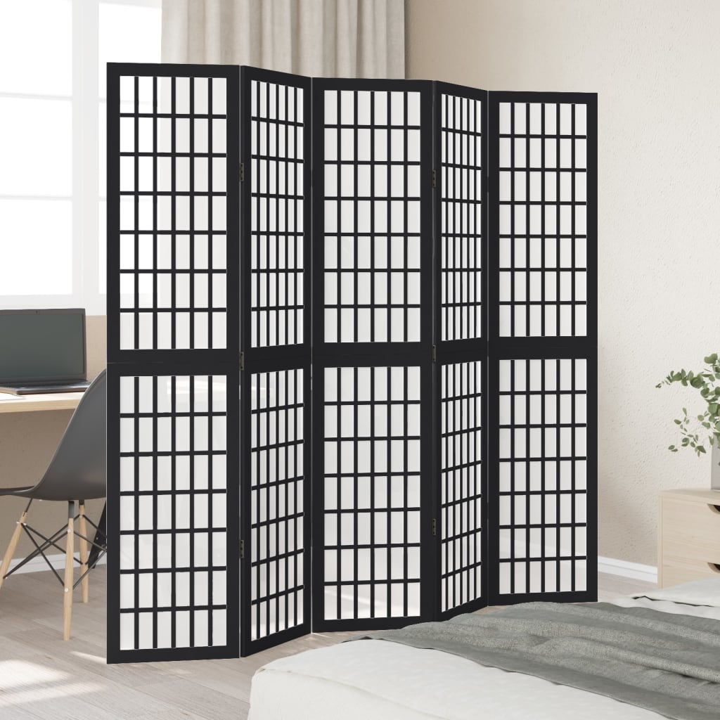 vidaXL Parawan pokojowy, 5-panelowy, czarny, lite drewno paulowni