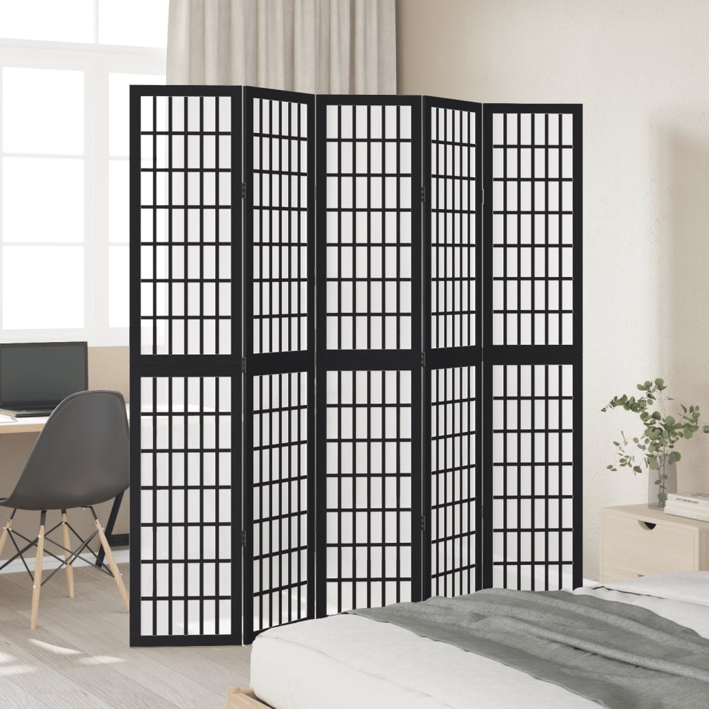 vidaXL Parawan pokojowy, 5-panelowy, czarny, lite drewno paulowni