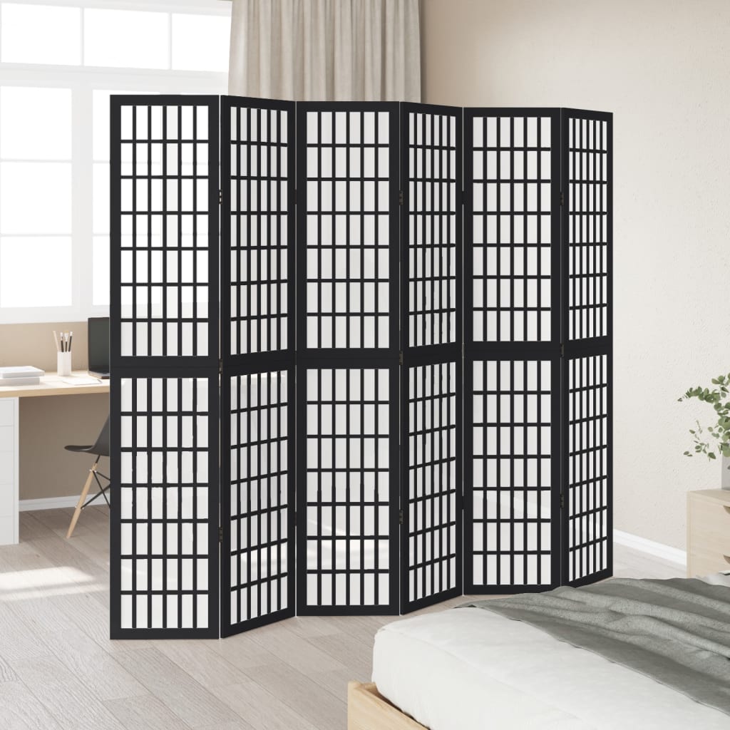 vidaXL Parawan pokojowy, 6-panelowy, czarny, lite drewno paulowni