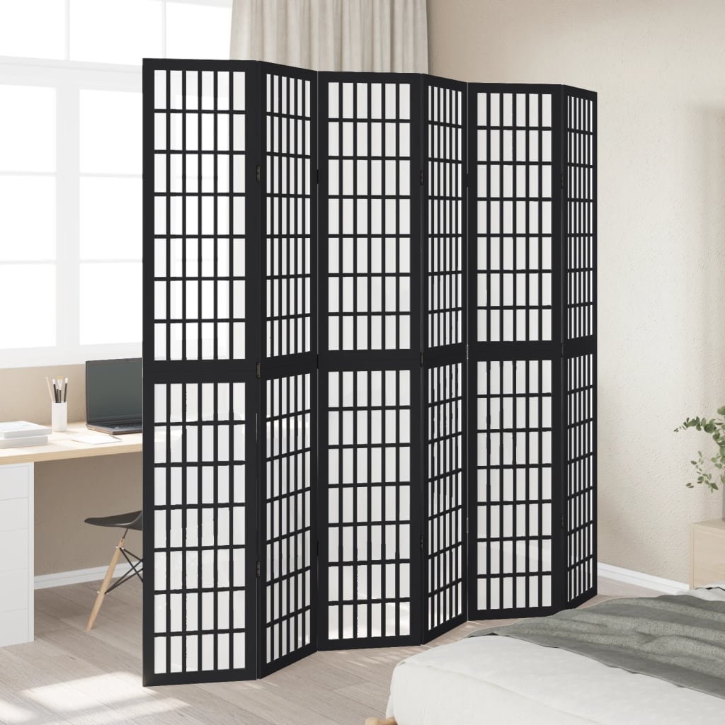 vidaXL Parawan pokojowy, 6-panelowy, czarny, lite drewno paulowni