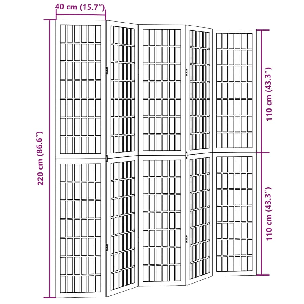 vidaXL Parawan pokojowy, 5-panelowy, biały, lite drewno paulowni