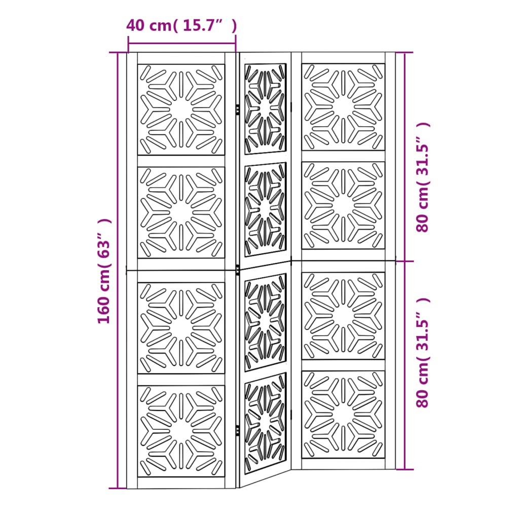 vidaXL Parawan pokojowy, 3-panelowy, brązowo-czarny, lita paulownia
