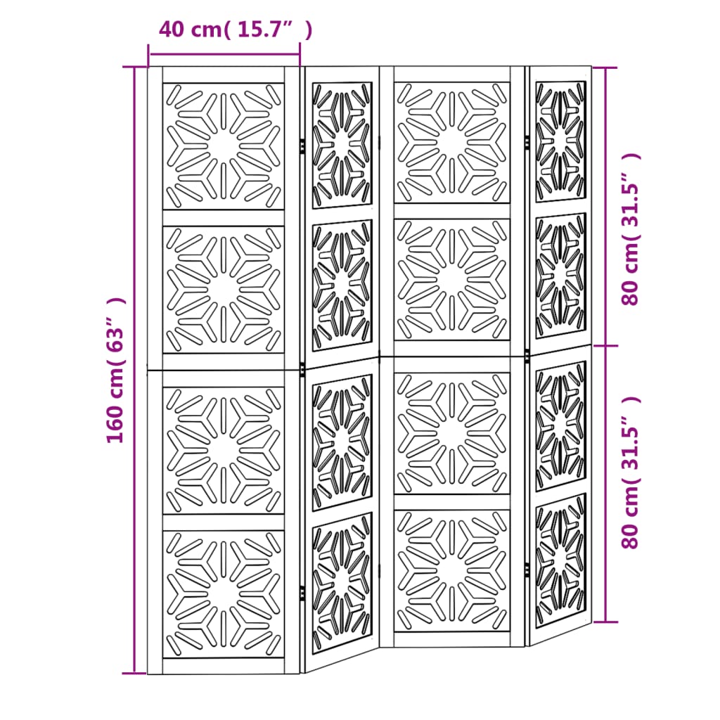 vidaXL Parawan pokojowy, 4-panelowy, brązowo-czarny, lita paulownia