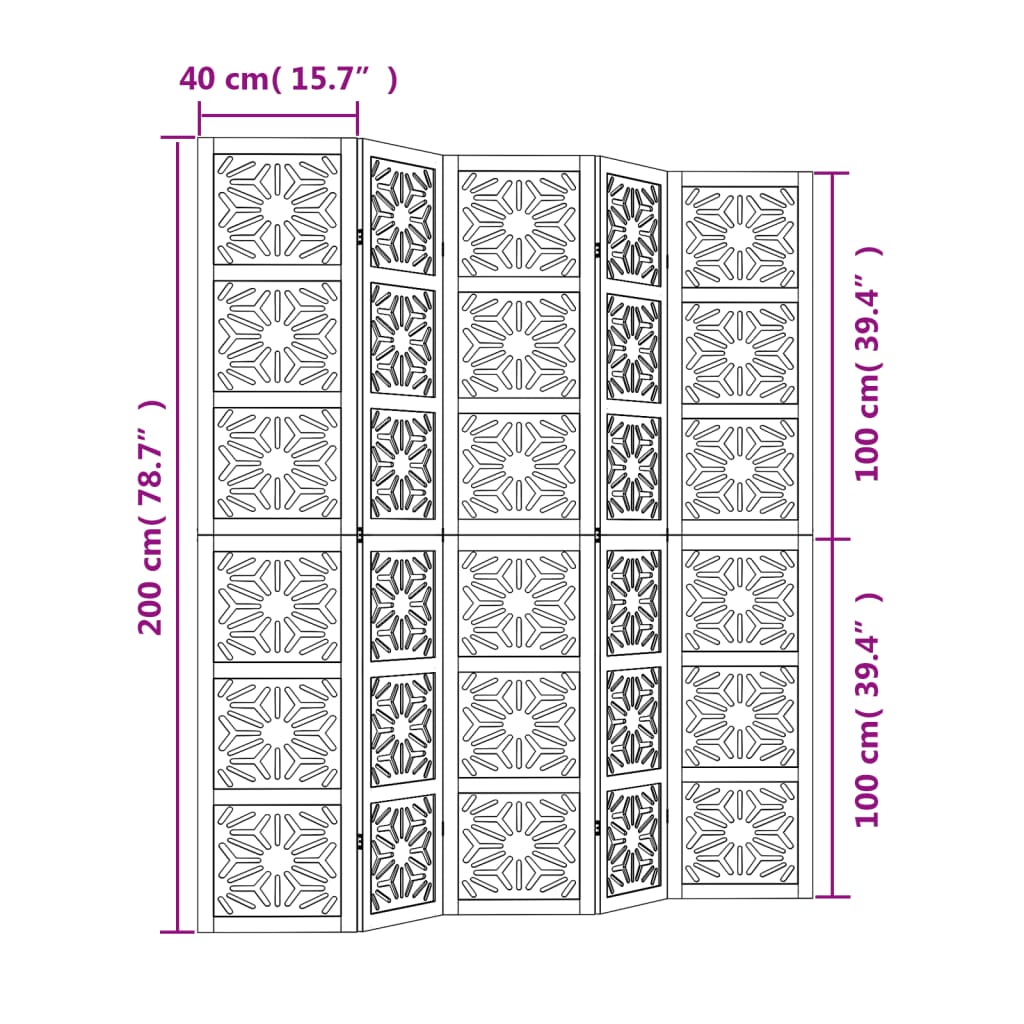 vidaXL Parawan pokojowy, 5-panelowy, brązowo-czarny, lita paulownia