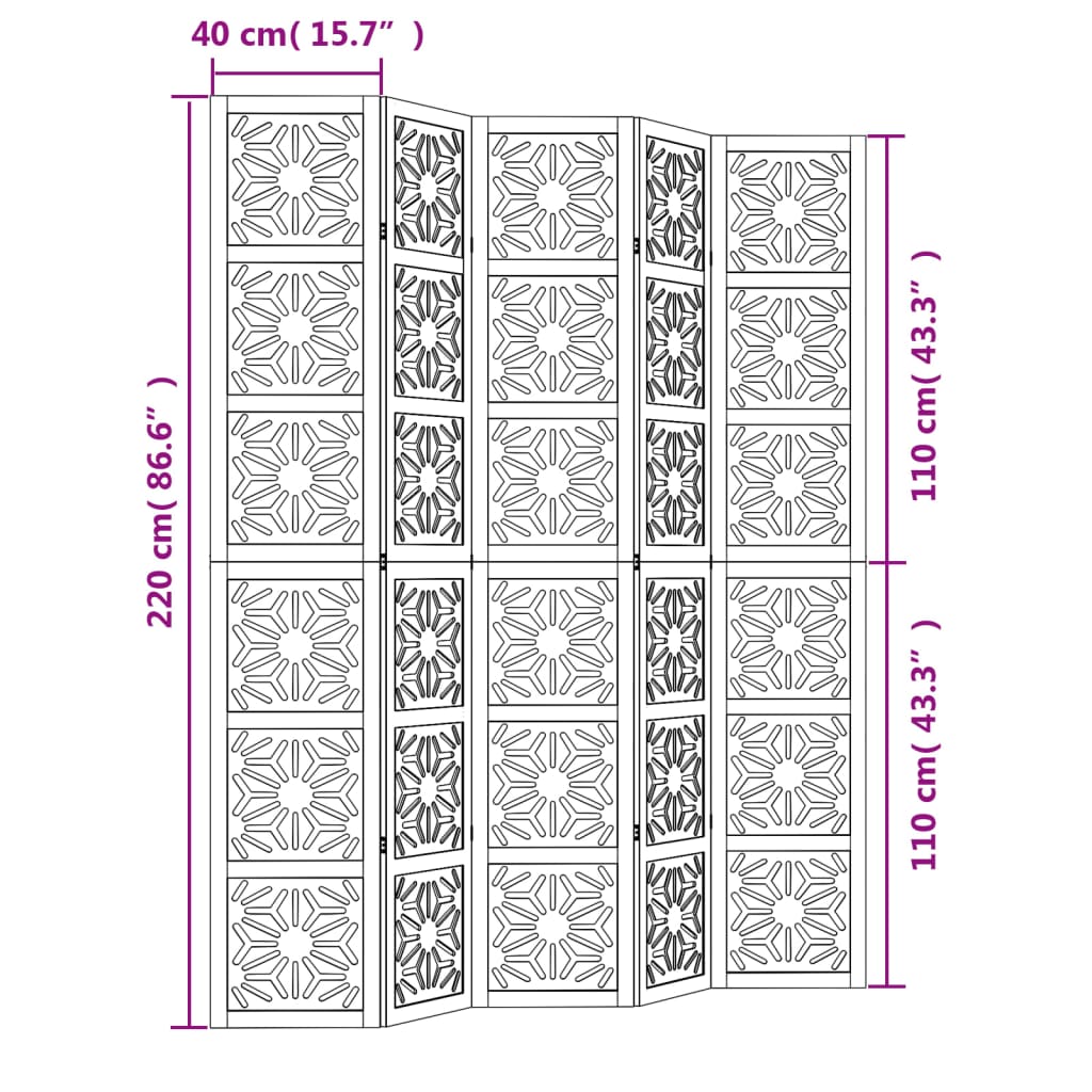 vidaXL Parawan pokojowy, 5-panelowy, brązowo-czarny, lita paulownia