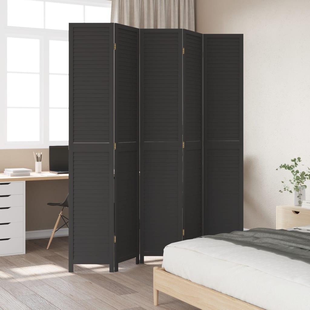 vidaXL Parawan pokojowy, 5-panelowy, czarny, lite drewno paulowni