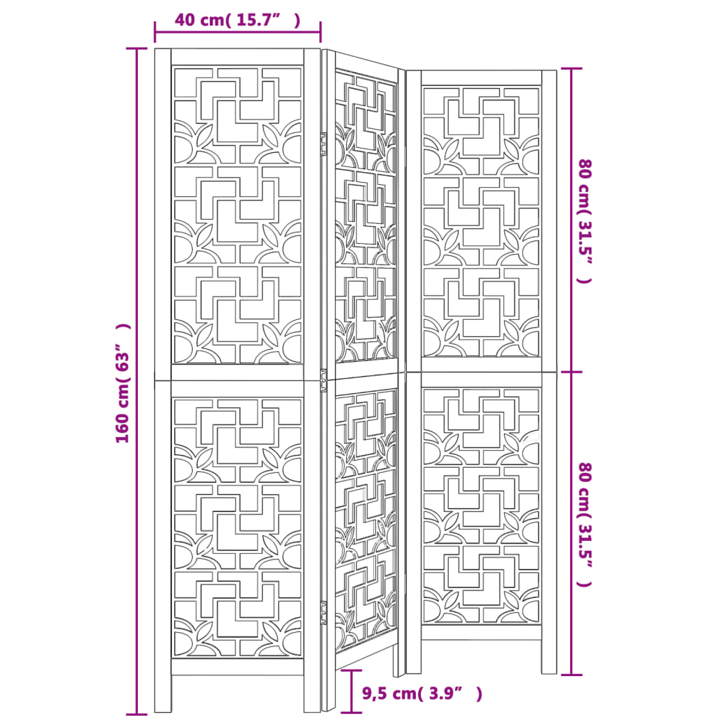 vidaXL Parawan pokojowy, 3-panelowy, lite drewno paulowni