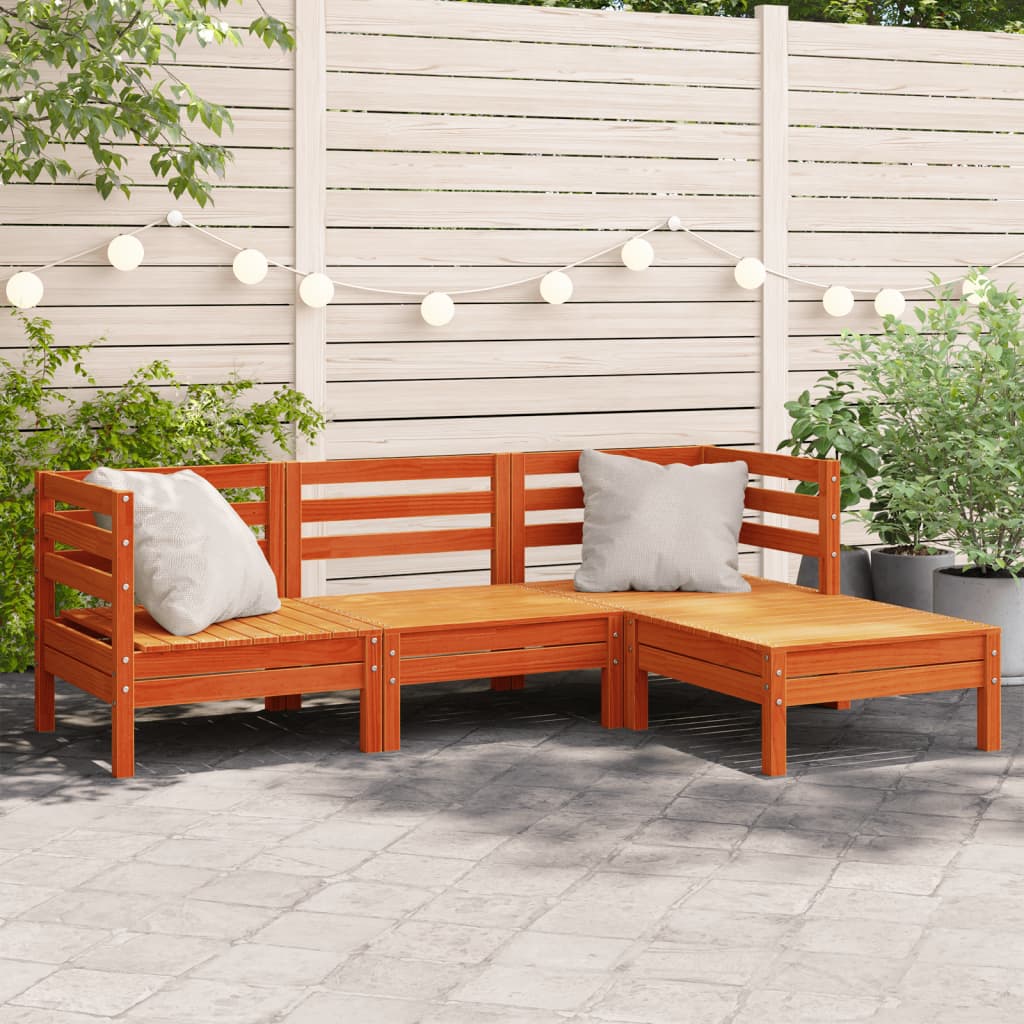 vidaXL Sofa ogrodowa z podnóżkiem, 3-os., woskowy brąz, lita sosna