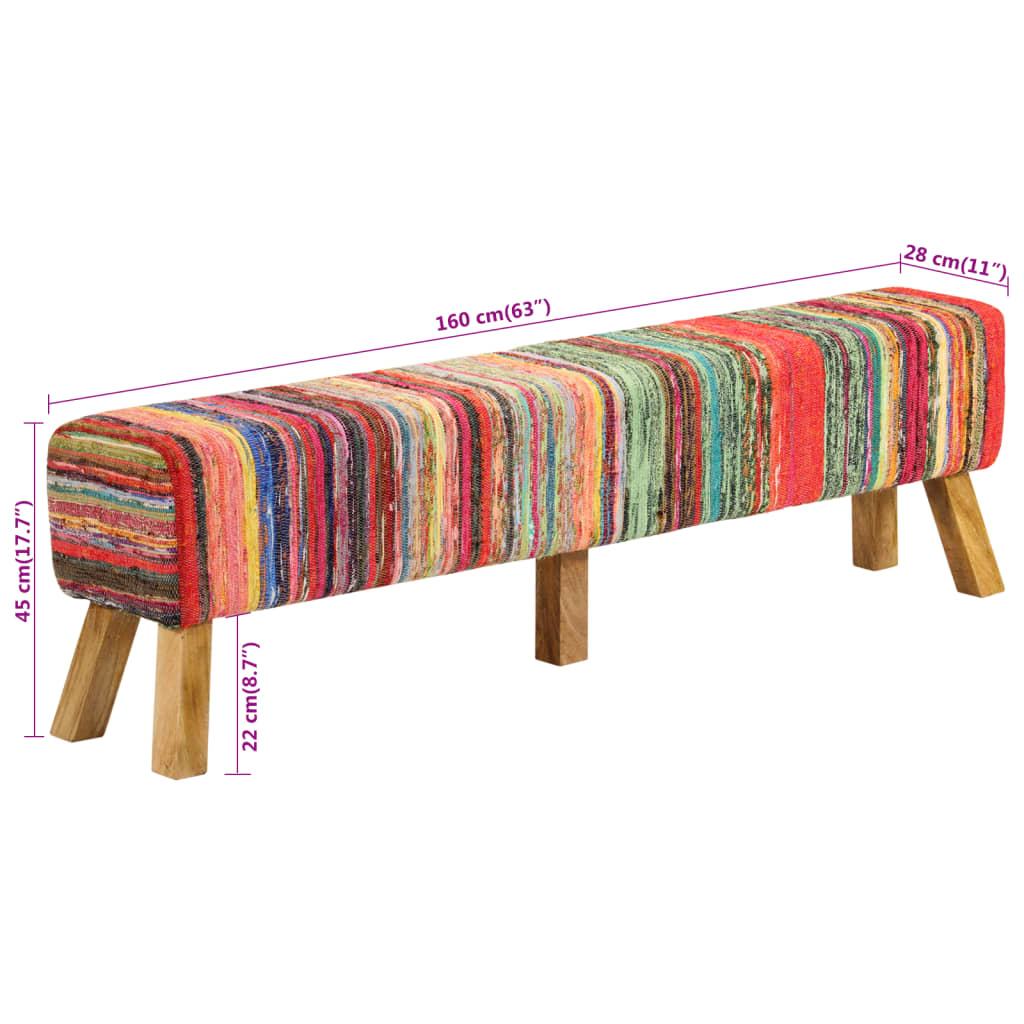 vidaXL Ławka, kolorowa, 160 cm, tkanina chindi i lite drewno mango