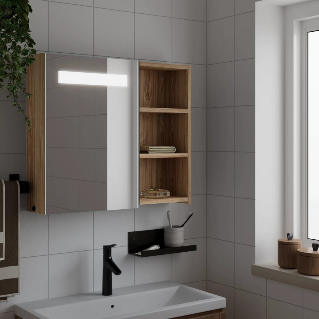 vidaXL Szafka łazienkowa z lustrem i LED, kolor dębu, 60x13x52 cm