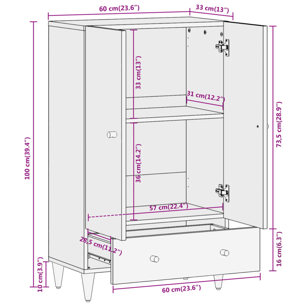 vidaXL Komoda, 60x33x100 cm, lite drewno mango