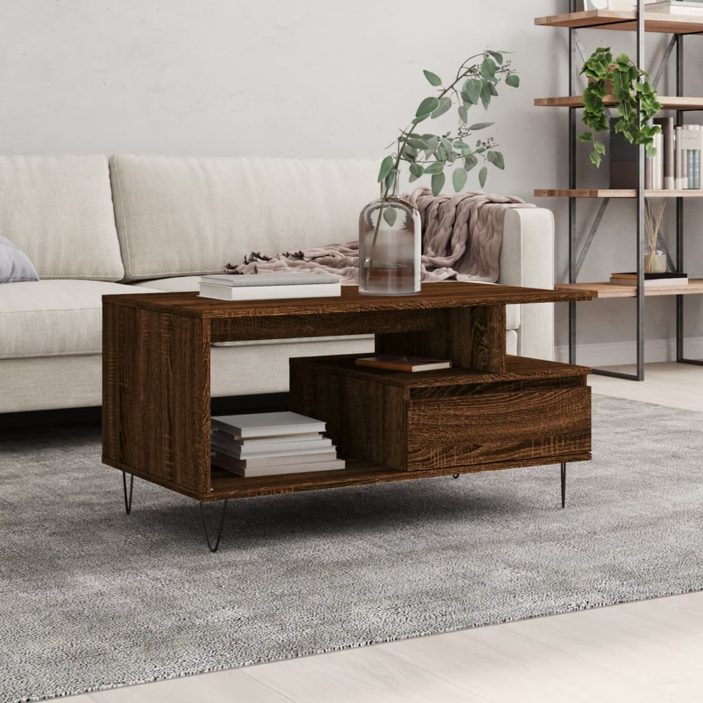 vidaXL Stolik kawowy, brązowy dąb 90x49x45 cm, materiał drewnopochodny
