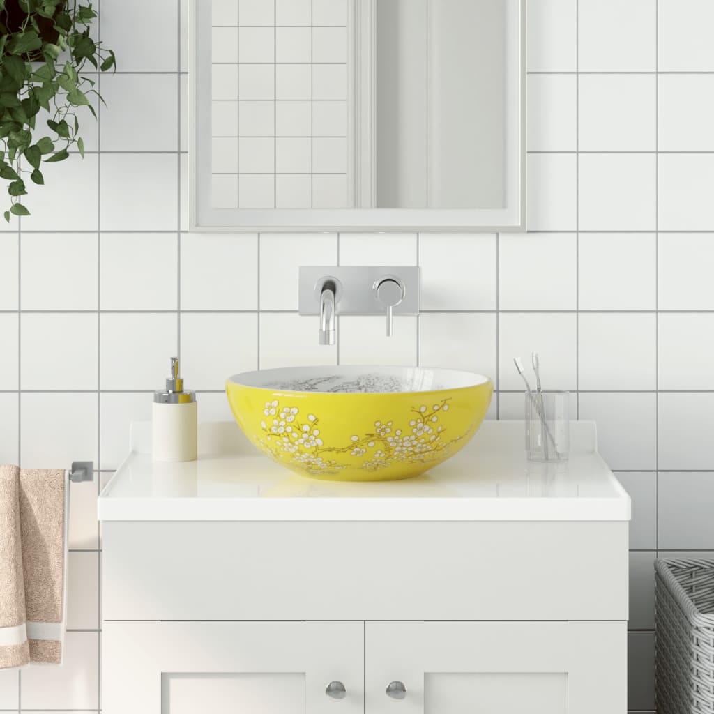 vidaXL Umywalka nablatowa, biało-żółta, okrągła, Φ41x14 cm, ceramiczna