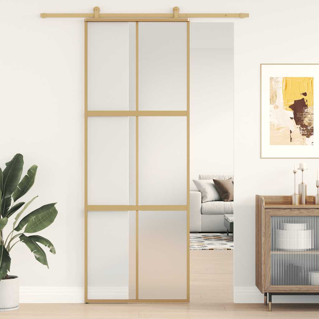 vidaXL Drzwi przesuwne, złote, 76x205 cm, mrożone szkło ESG, aluminium