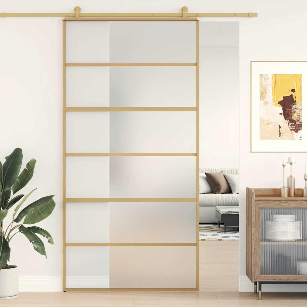 vidaXL Drzwi przesuwne, złote, 102,5x205 cm, mrożone szkło ESG