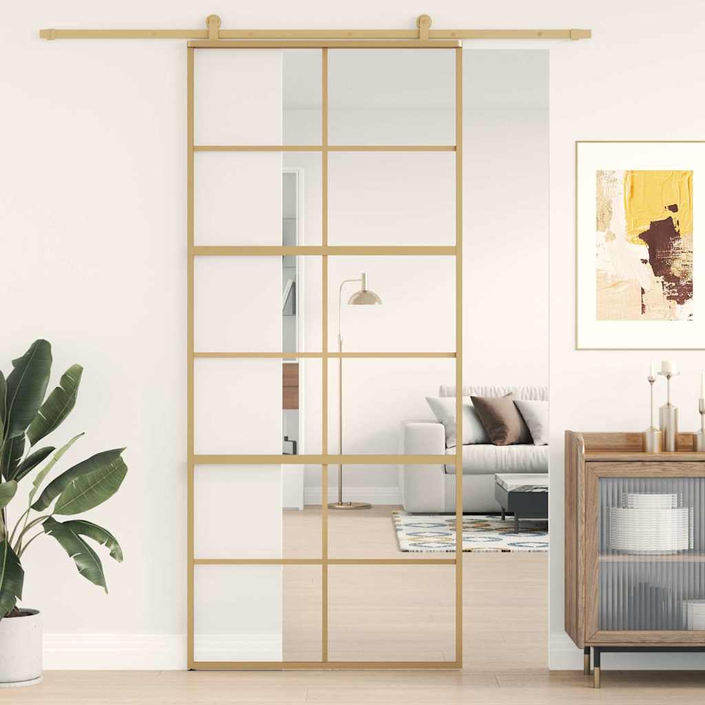 vidaXL Drzwi przesuwne, złote, 90x205 cm, przezroczyste szkło ESG