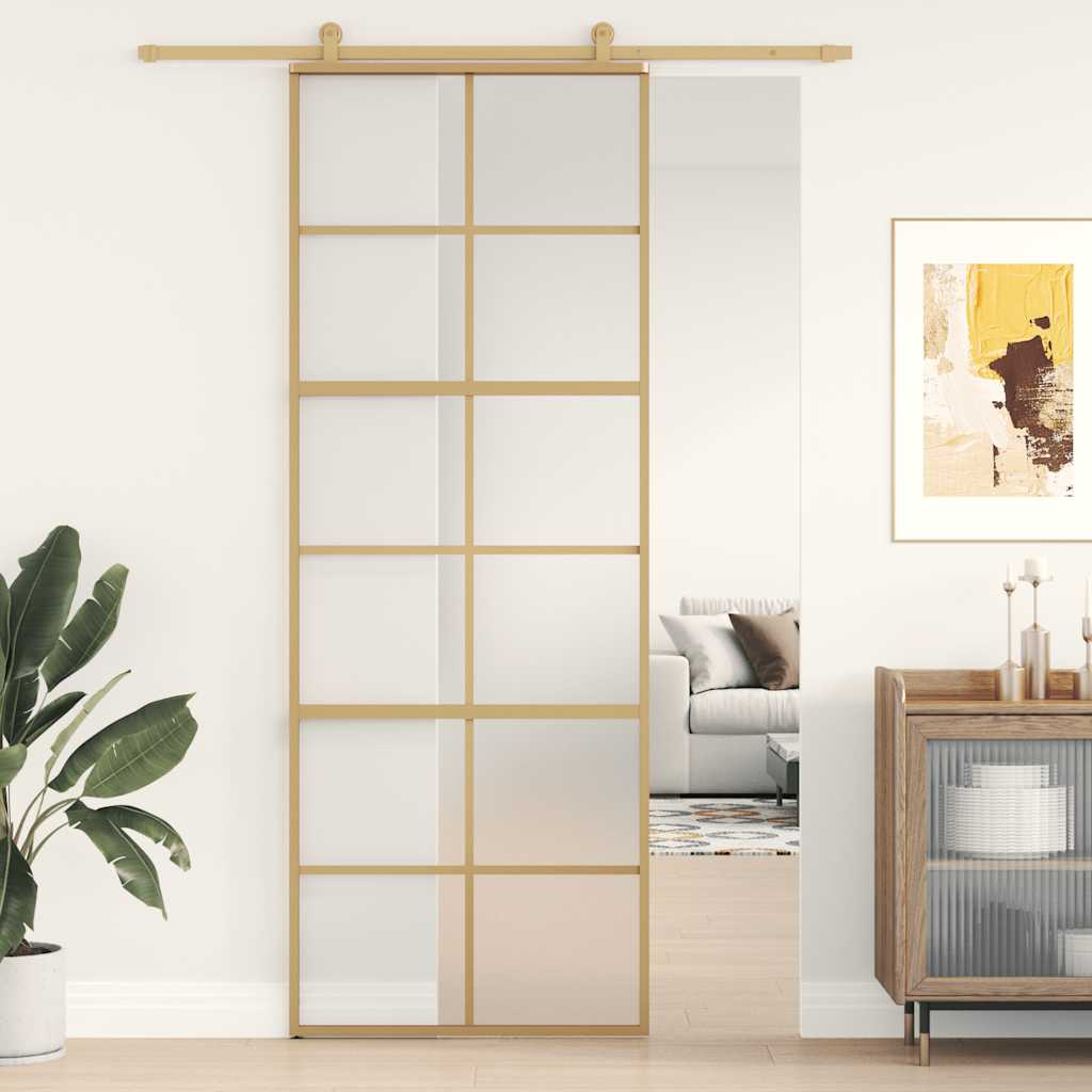 vidaXL Drzwi przesuwne, złote, 76x205 cm, mrożone szkło ESG, aluminium