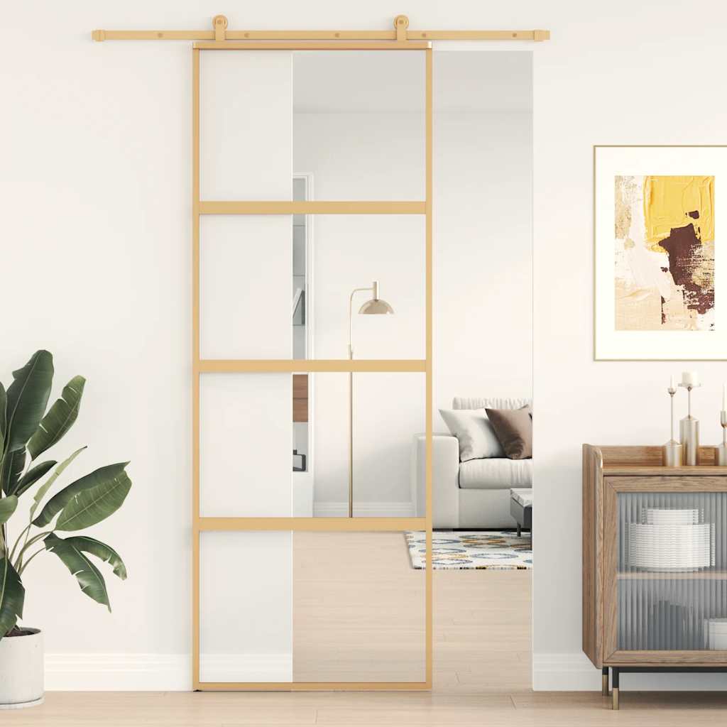 vidaXL Drzwi przesuwne, złote, 76x205 cm, przezroczyste szkło ESG