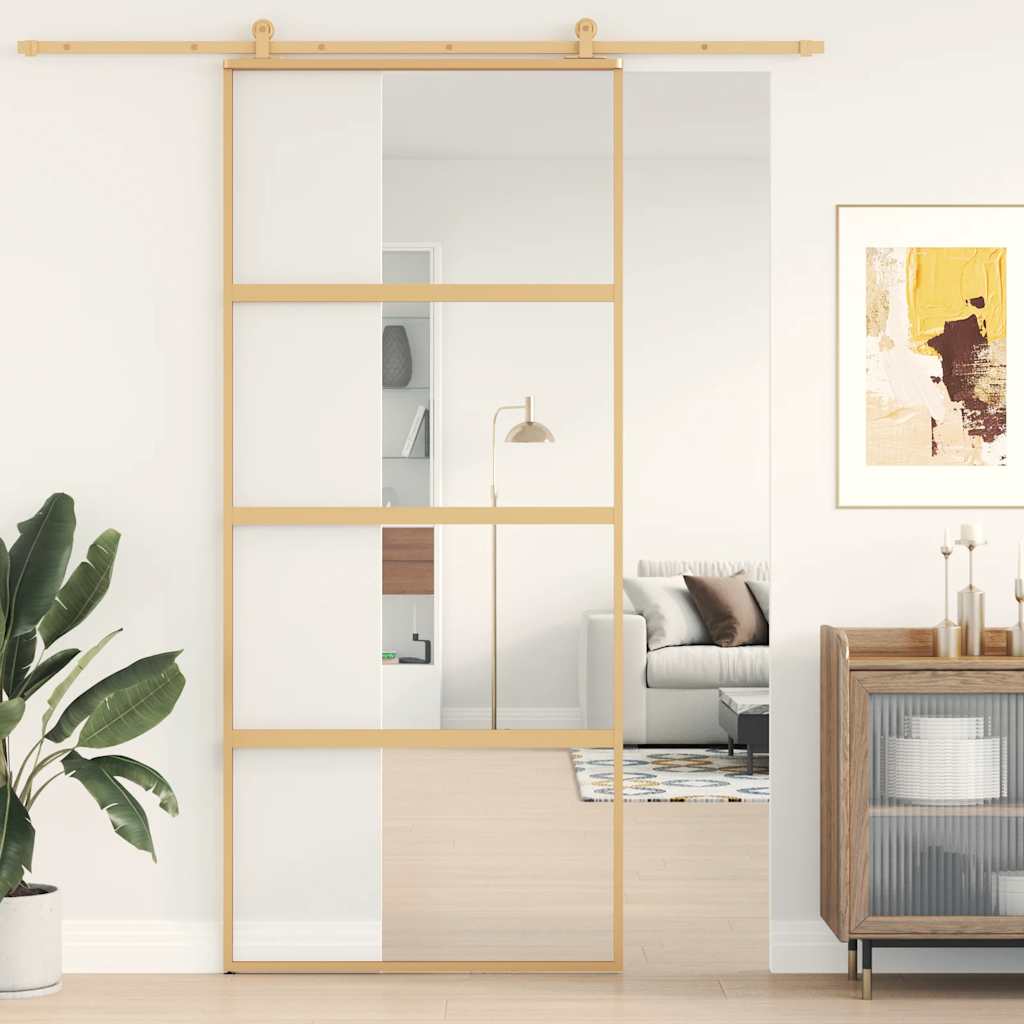vidaXL Drzwi przesuwne, złote, 90x205 cm, przezroczyste szkło ESG